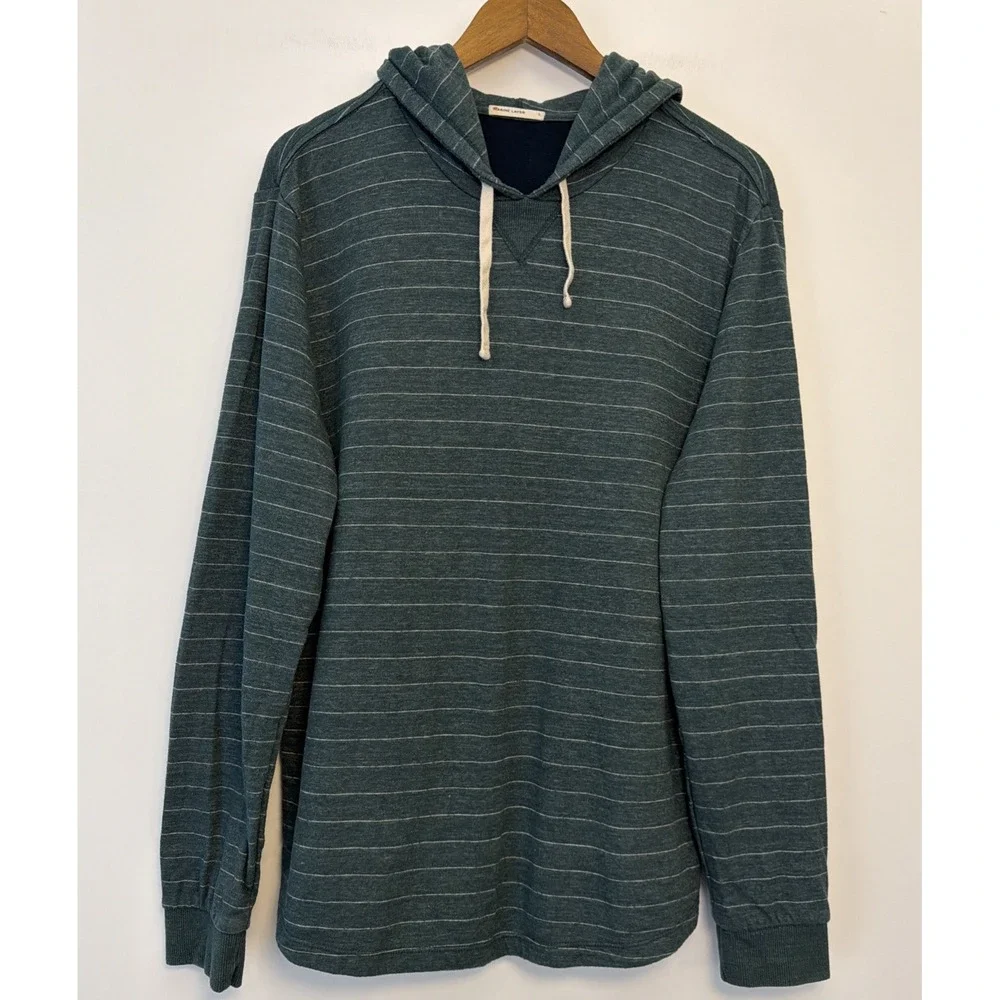 Marine Layer Double Knit Pullover Hoodie Size L Green White Striped Minimalist
